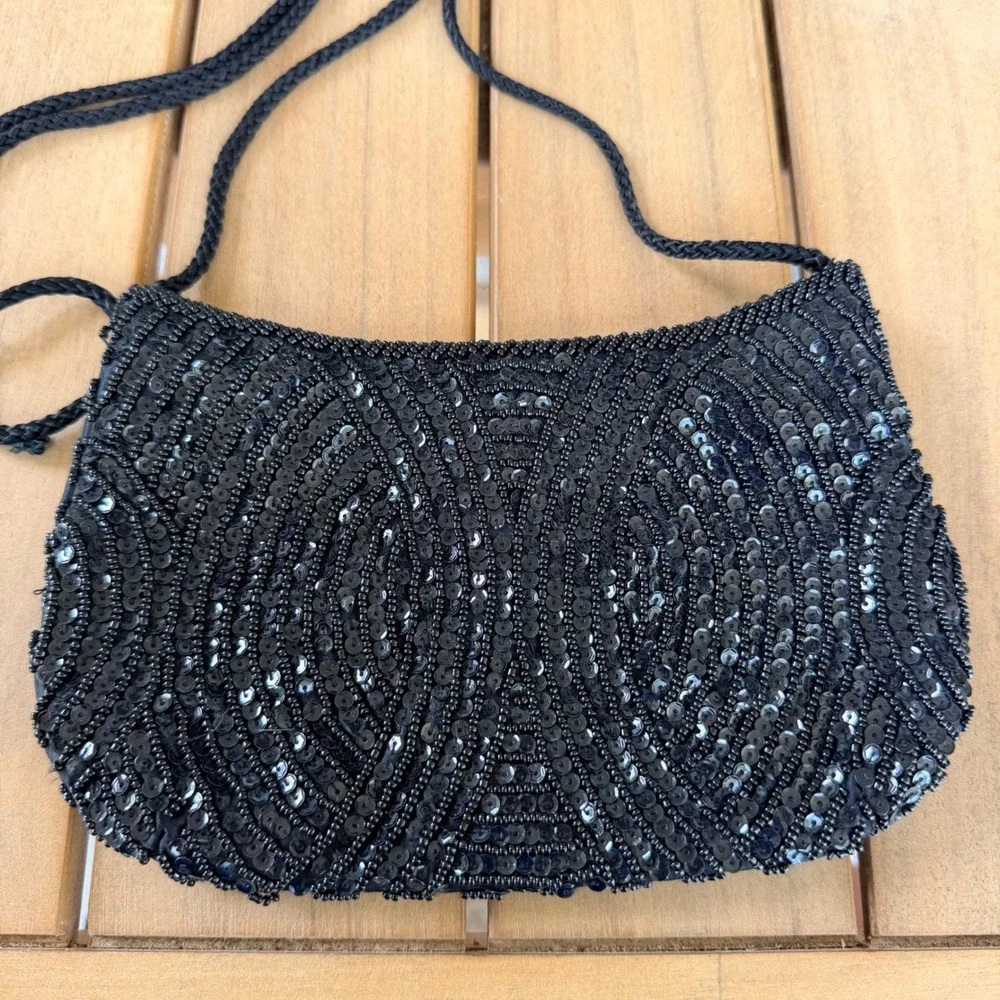 The Sak Black Beaded Sequin Evening Bag Small Crossbody Art Deco Glam Formal